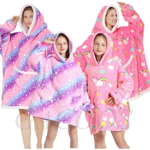 Unicorn Oversized Hoodie Kigurumi Blanket Sweatshirt For Girls Boys Winter Fleece Thick Warm Anime Hoodie Women Kids Hoodies