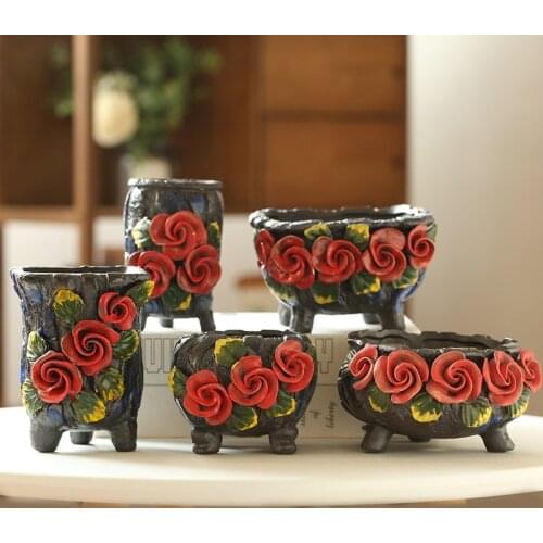 Korean Vintage Succulent Ceramic Flower Pots Desktop Painted Handmade Rose Pattern Gardening Supplies Green Planting Home Garden