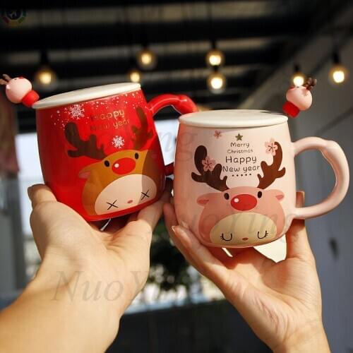 Creative Christmas Gift Cute Ceramic Cup With Lid With Spoon Male And Female Students Milk Coffee Cup Mark Cup Holiday Gift