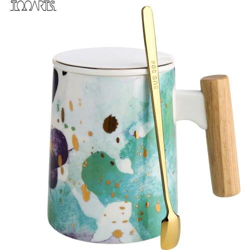 Tooarts Mug with Lid Ceramic Tea Cup Coffee Cup Mug with Wooden Handle 304 Steel Spoon Gift Packaging Cups