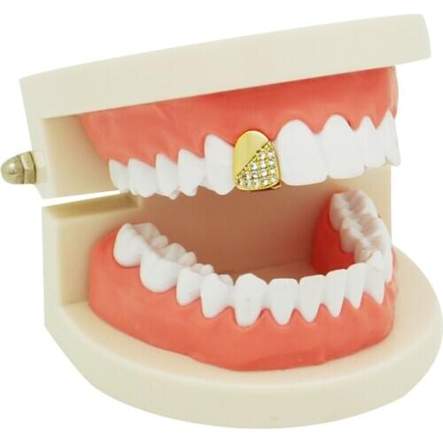 LuReen 1Pc Bling Micro Pave Cubic Zircon Teeth Grillz Gold Silver Color Iced Out Top Grills Dental Caps Vampire Fashion Jewelry