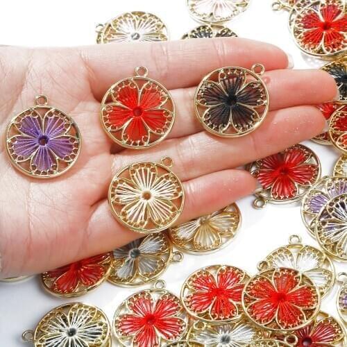 2pcs 25mm Cute Gold Charms Black Pink Blue Red Flower Pendant for DIY Bracelet Earrings Anklet Craft Handmade Jewelry Making