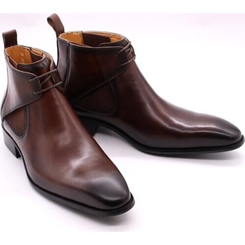 Autumn Winter New Mens Ankle Boots Genuine Leather Handmade Brown Chelsea Boots Men Motorcycle Boots Casual Dress Shoes Lace Up