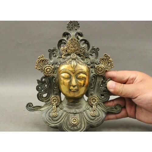 9" Tibet Buddhism Bronze Gilt Lotus 3 Eyes Tara GuanYin Head Wall Mounted Statue 8.06