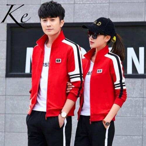 KE new 2021 sport set red couples men women sports suit 3 pieces casual sportswear big sizes plus large 4XL cotton long sleeve