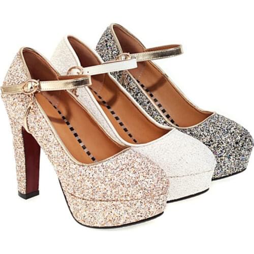 Ochanmeb Sexy Shiny Bling Bling 12cm High Heels Shoes Woman Strap Buckled Glitter Party Wedding Shoes Pumps Size 43 White Gold