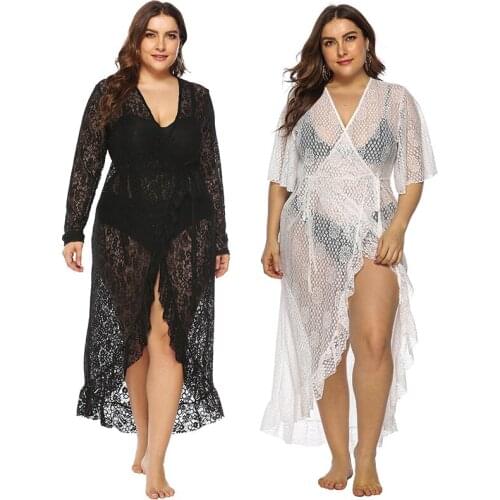 Sexy Plus Size Beach Cover up Summer White Dress Lace Long Kimono Cardigan Women Beach Wear Swim Suit Cover Up Kaftan Tunic 4XL