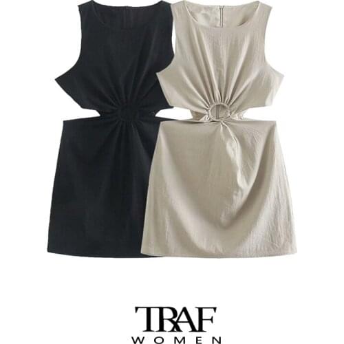 TRAF Za Women Fashion With Ring Hollow Out Linen Mini Dress Vintage Sleeveless Back Zipper Female Dresses Vestidos Mujer