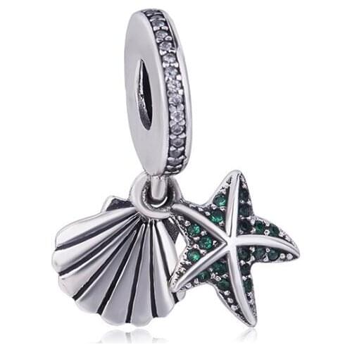 Genuine 925 Sterling Silver Bead Charm Starfish & Shell With Crystal Pendant Beads Fit Pan Bracelet & Necklace Diy Jewelry