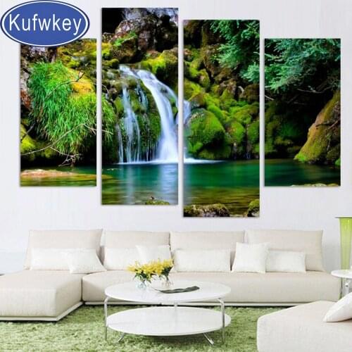Full,Round Diamond painting 4 Piece,Green waterfall 3d picture of rhinestone Forest creek paintings,mosaic full embroidery