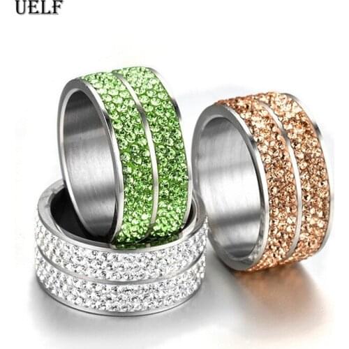 Uelf Wholesale 6 Row Crystal Jewelry Wedding Ring For Women High Quality Classic Stainless Steel Accessories Rings Party Jewelry