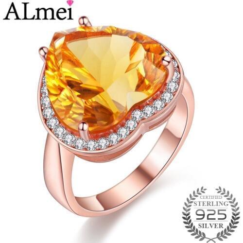 Uloveido Elegant Big Heart Golden Citrine Wedding Ring Woman Gift 925 Silver Sterling Rose Gold Color Jewelry with Box 40% FJ050