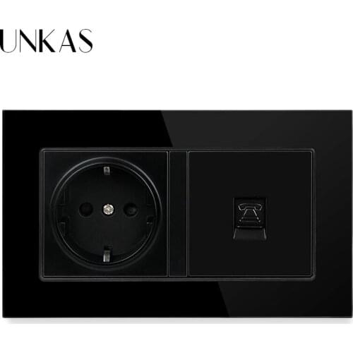 UNKAS Tempered Crystal Glass Panel 16A French Standard Wall Power Socket + RJ11 Telephone Connector Jack 146MM*86MM Outlet