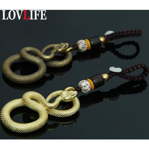 Vintage Copper Zodiac Snake Key Chain Pendants Jewelry Pure Brass Animal Cobra Keychain Hanging Lanyard Keyring DIY Charms Gift