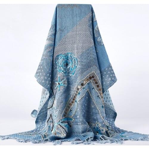 Korean Style 100% Merino Wool Scarf Women Winter India Handmade Bead Embroidery Floral Warm Shawl Sky Blue