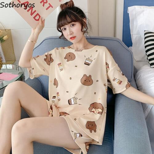 Women Pajama Sets Loose Casual Short Sleeve Cartoon Kawaii O-neck Cotton Cozy Soft High Elastic Waist Ulzzang Female Sleepwear