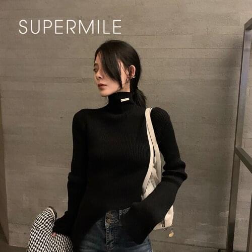 2021 Black Skinny Crop Turtleneck Pullover Women Solid Sequined Irregular Shaped Tail Hem Knitted Sweater Elasticity Tops New