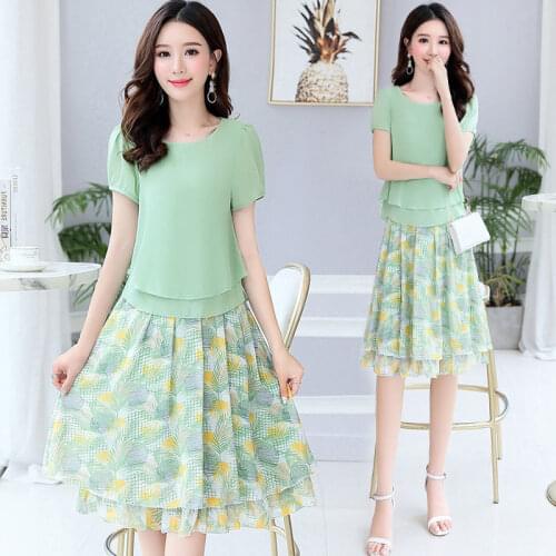 2021 New Summer Women Office Two Piece Sets Casual Short Sleeve T Shirt and Floral Chiffon Midi Skirt Female Skirts Suit X29