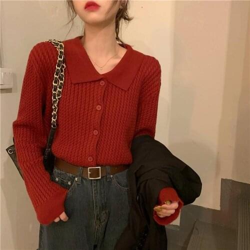 Womens Knitted Cardigan Korean Turn-down Collar Twist Striped Long Sleeves Loose Sweater Wholesale New Fashion Lady Clothing