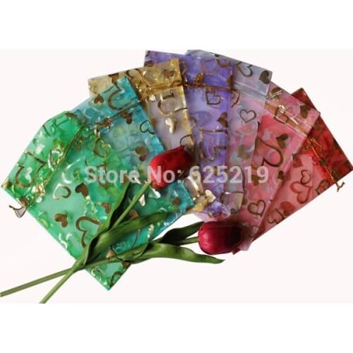 100pcs/lot mix color 10*15cm/4*6inch hot stamping heart printing organza bag for gift packaging and organza pouch wedding bags