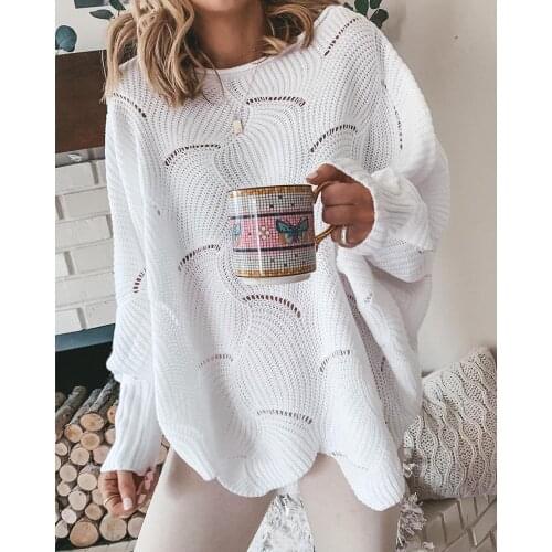 2020 Winter Women Elegant Plain Plus Size Long Sleeve O-Neck Hollow-Out Sweater Femme Solid Casual Top Beaded Fluffy Chandail