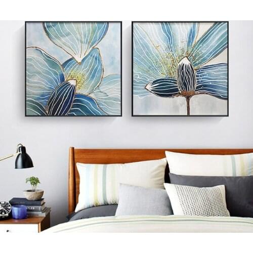 Handmade Flower Abstract Painting Canvas Blue Wall Art Pictures For Living Room Home Decoration Two Pieces