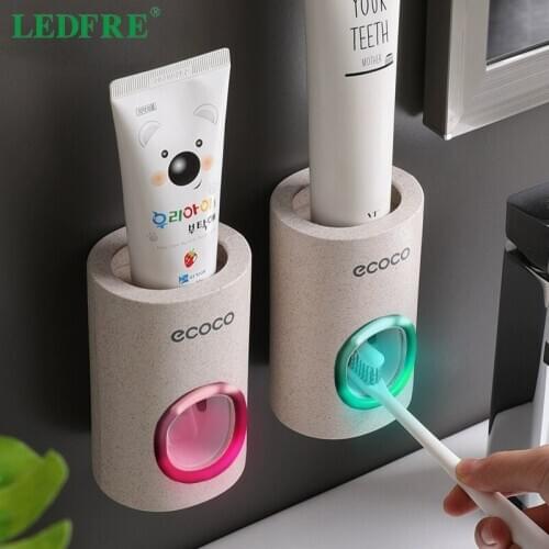LEDFRE Automatic Toothpaste Dispenser Dust-proof Toothbrush Holder Wheat straw Wall Mounted Toothpaste Squeezer for bathroom