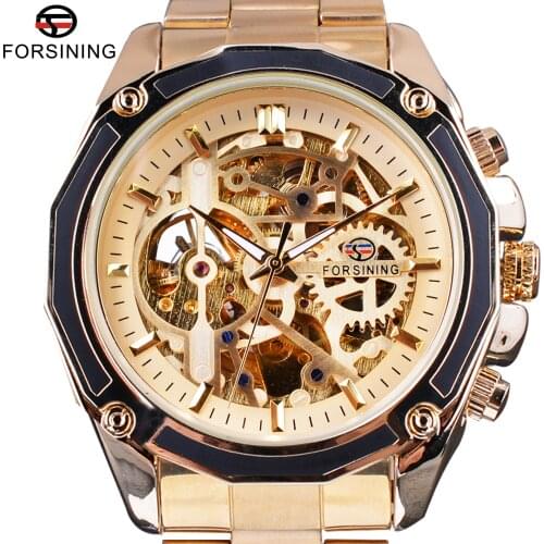 Forsining Golden Steampunk Open Work Inside Luxury Design Skeleton Mechanical Movement Mens Automatic Watches Top Brand Luxurry
