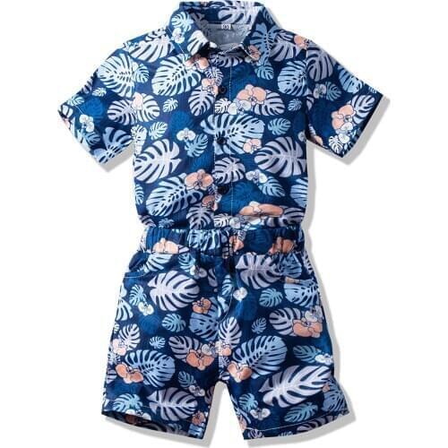Little Boys 2-Piece Outfit Set Turn-down Collar Short Sleeve Button-Down Top Shorts Toddler Kids Floral Suit