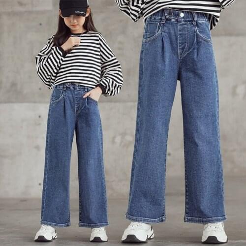 Teenage Girls Jeans 2021 Spring Autumn School Children Trousers Casual Fashion Loose Blue Kids Leg Wide Pants 6 8 10 12 14Years