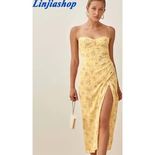 Elegant Adjustable Spaghetti Strap Dress Vintage Yellow Floral Print Midi Dress Sexy Side Split Ruched Vestidos