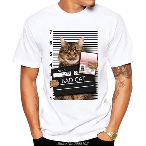Funny Arrested Bad Cat T Shirt Men Cool Originality Popular Shirt Brand Good Quality Comfortable Tee Tops Harajuku Streetwear