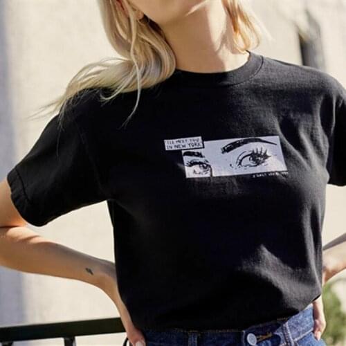 Ins College Girls Black Eyes Streetwear T Shirts Women Cotton Tshirts Summer Tees New Fashion Harajuku Teens Girls Kawaii Tops