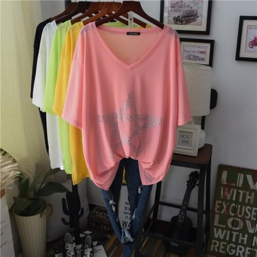 Summer Women Thin Rhinestone Oversize Casual T Shirt Short Sleeve V Neck Ultra Soft See Through Tunic Tee Top Maxi Size