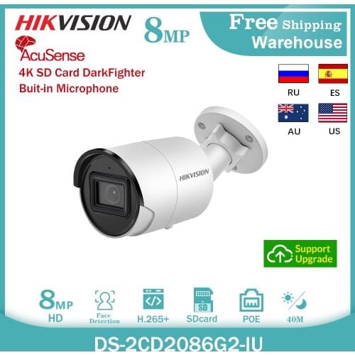 Hikvision 4K 8MP IP Camera DS-2CD2086G2-IU Acusense Bulit-in Mic SD Card IP67 POE Mini CCTV Surveillance Video Bullet Camera