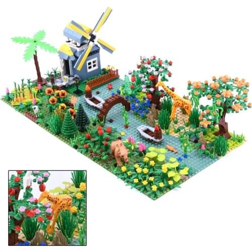 Windmill Farm Building Blocks Model Assembly Animals Crocodile Giraffe Mountain Grass Tree Bricks Toys for Childrens Gifts