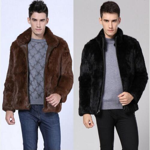 Winter thicken thermal imitation mink leather jacket men casual mens coats overcoat stand collar black brown outerwear fashion