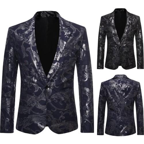 Men Fashion Style Floral Suits Blazers Casual Glossy Hot Stamping Printed Single Button Mens Wedding Slim Fit Suit Jacket