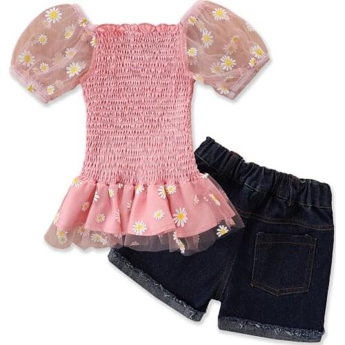 New Kids Girls 0-5Y Clothes Sets 3 Colors Sunflowers Printed Lace Puff Sleeve Off Shoulder Tops Denim Shorts Set