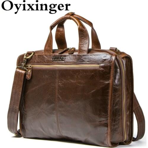 OYIXINGER Top Quality Men Laptop Briefcase Genuine Leather Laptop Handbags For 15" Notebook Luxury Large Capacity Shoulder Bags