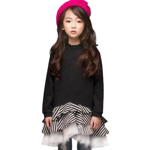 2019New Sweatshirt Girl Dress Kids Autumn Cotton Stripe Patchwork Ruffle Tutu Dresses Big Girl Fashion Clothes For 4-14 Yrs