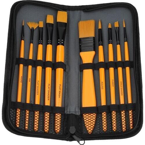 Popular Practical 10 Piece Nylon Hair Brush Set Canvas Bag Watercolor Gouache Acrylic Brush Suitable For Water-Based Coloring