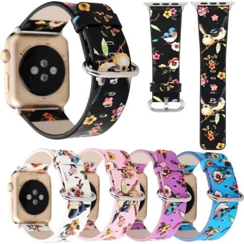 Colorful Flower Bird Grain Leather Strap for Apple Watch Band Series 6 5 4 3 2 Fashion Bracelet Belt for iWatch SE 38/42/44/40mm