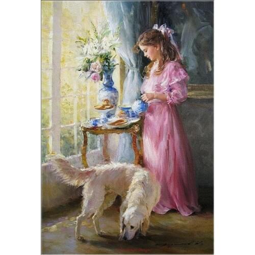 Counted Cross Stitch Kits Needlework Embroidery - 14 ct Aida DMC Color DIY Arts Handmade Home Decor - Girl with Dog