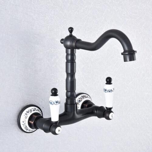 Kitchen Wet Bar Bathroom Vessel Sink Faucet Black Oil Rubbed Brass Wall Mounted Swivel Spout Mixer Tap Dual Ceramic Lever msf762