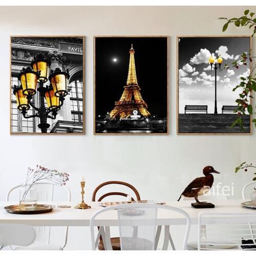 Modern City Series Black And Yellow Art Tower Golden Lamp Landscape Canvas Painting Fashion Home Decoration Nordic Posters