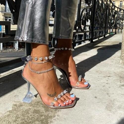 2021 Summer sexy Women Julia Embellished Pyramidal Crystals SQUARE Toe PVC Mules high heels shoes Rhinestone sandals pumps