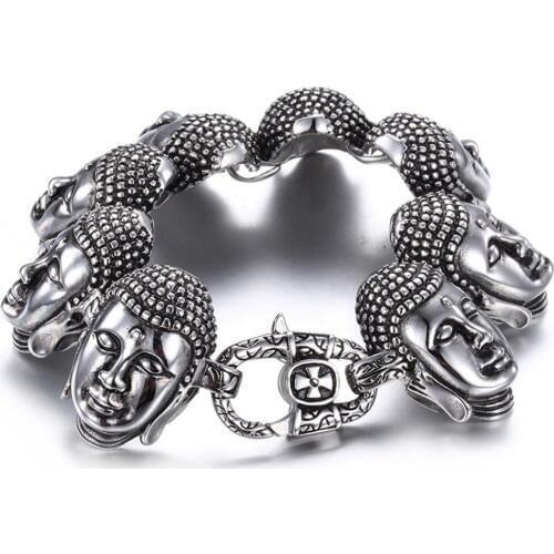 High Quality Fashion Infinity Silver Color Buddha Head Biker Chain Stainless Steel Bracelet Mens Bangle Jewelry 8.66"*34mm Huge