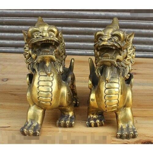 Zhaorui6888 free 6" China Feng Shui Brass Dragon Kylin PiXiu Unicorn Beast Talismanic Statue Pair fast