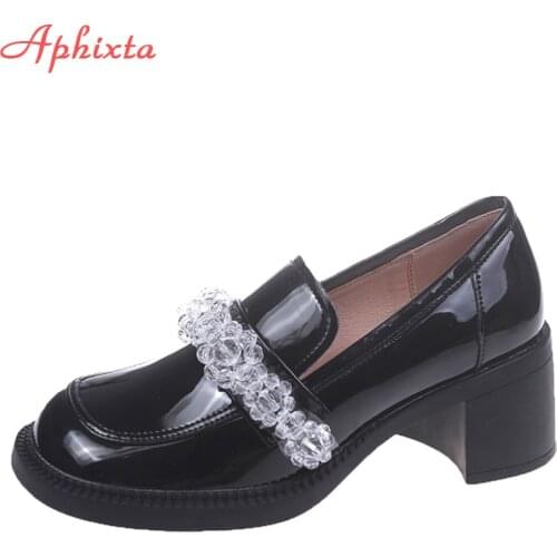 Aphixta New 6cm Square Heels Diamond Chain Pumps Women Shoes Fashion Crystals String Bead Luxury Design Casual Mary Janes Heels